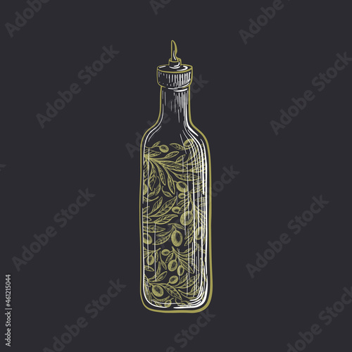 Glass bottle with olive oil. Vintage drawn symbol