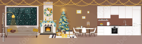 Living room decorated with christmas tree and fireplace. Gold Christmas interior. Vector illustration in flat style