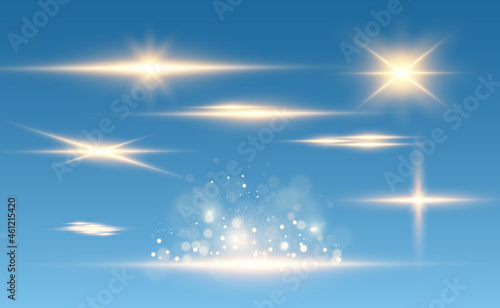 Set of gold bright beautiful stars. Light effect Bright Star. Beautiful light for illustration. Christmas star. White sparks sparkle with a special light. Vector sparkles on transparent background  © NAUM