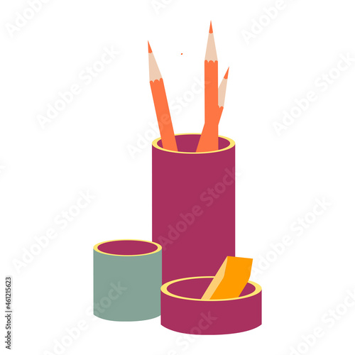 Pencil holder is a color vector object that is semi-flat.sized item in white. Desk organizing. Storing pencils and pens is an isolated modern cartoon style illustration 
