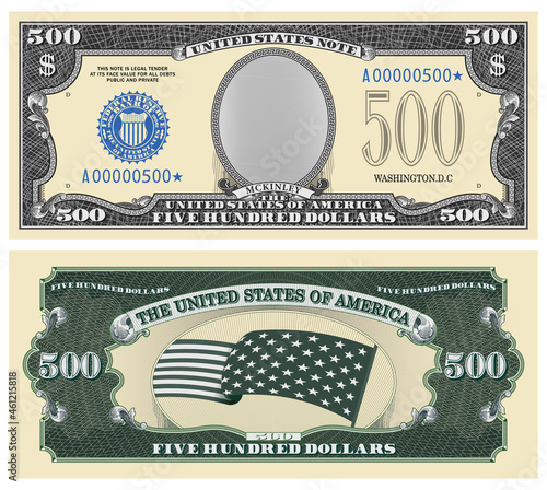 Fictional template obverse and reverse of US paper money. Five hundred dollar banknote. Empty oval, stars-striped flag and guilloche frames. McKinley