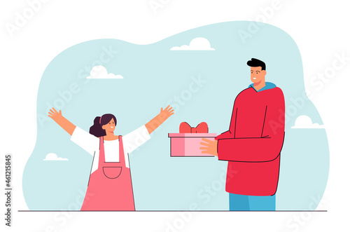 Guy giving gift box to excited girl. Man congratulating greeting smiling woman with birthday anniversary. Boy making present to happy girlfriend. Valentines day. Flat vector illustration.