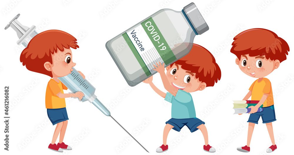 Set of a boy holding different objects vaccine concept Set of a boy holding different objects vaccine concept