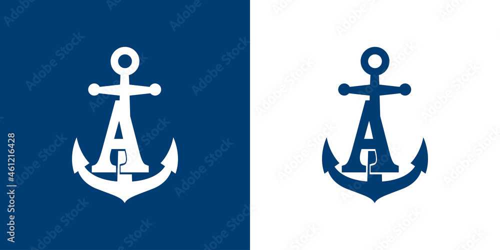 Logotipo con letra inicial A en silueta de ancla de barco en fondo azul y fondo blanco Logotipo con letra inicial A en silueta de ancla de barco en fondo azul y fondo blanco