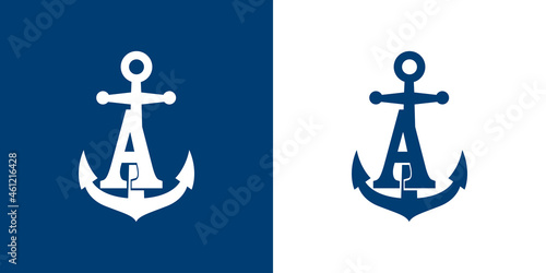 Logotipo con letra inicial A en silueta de ancla de barco en fondo azul y fondo blanco