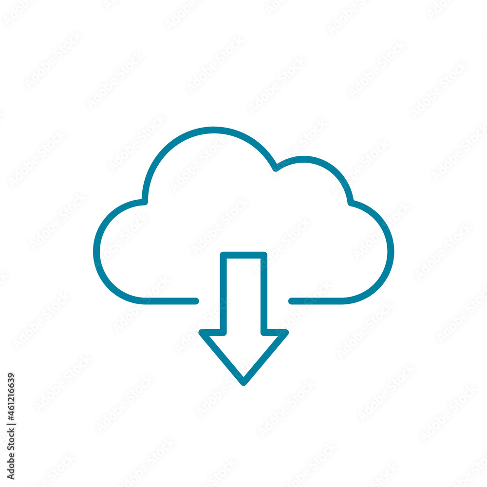 Cloud downloading line icon. Cloud with down arrow sign. Cloud server storage concept. Server hosting files online. Infrastructure as a service IaaS. Blue outline. Vector illustration, flat, clip art. Cloud downloading line icon. Cloud with down arrow sign. Cloud server storage concept. Server hosting files online. Infrastructure as a service IaaS. Blue outline. Vector illustration, flat, clip art.