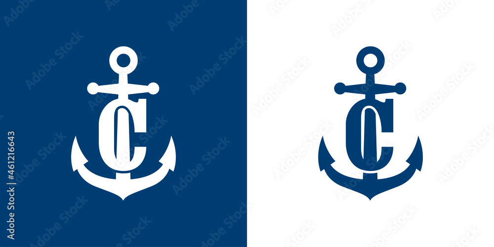 Logotipo con letra inicial C en silueta de ancla de barco en fondo azul y fondo blanco Logotipo con letra inicial C en silueta de ancla de barco en fondo azul y fondo blanco