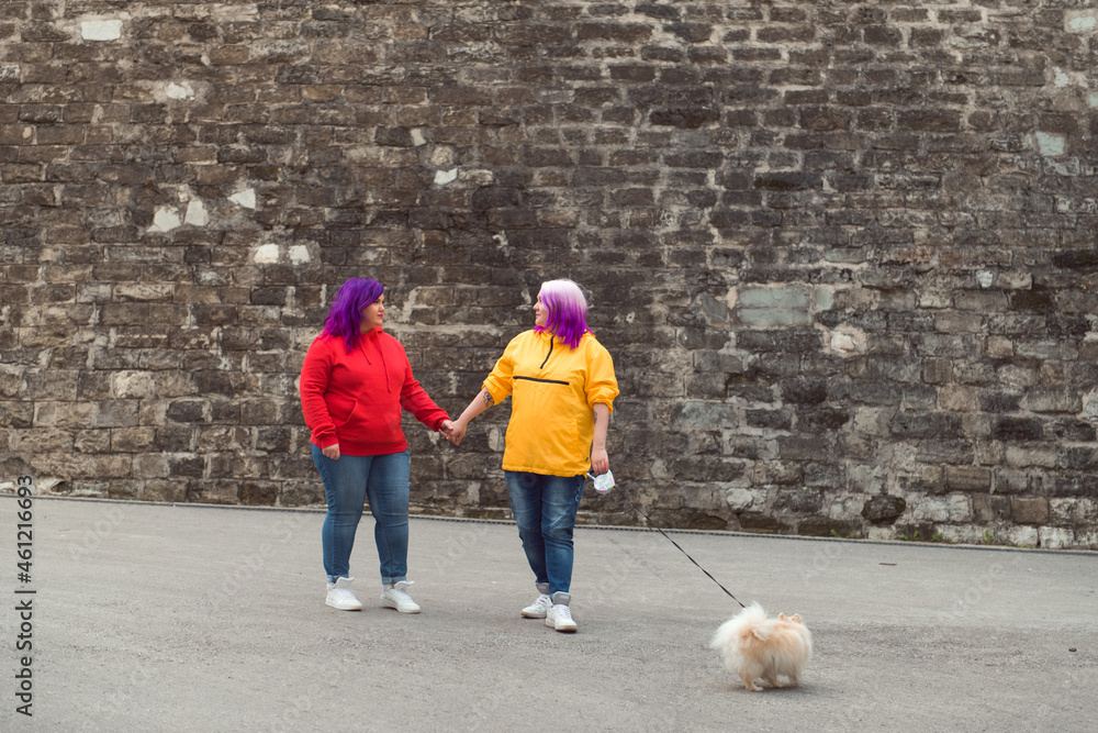 two color hair lesbian with small dog holding hands at stone wall background city street two color hair lesbian with small dog holding hands at stone wall background city street