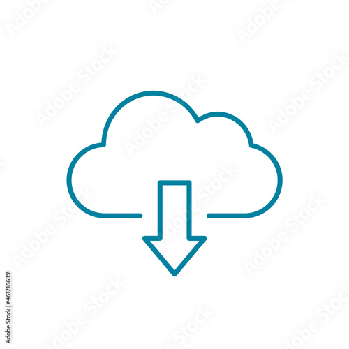 Cloud downloading line icon. Cloud with down arrow sign. Cloud server storage concept. Server hosting files online. Infrastructure as a service IaaS. Blue outline. Vector illustration, flat, clip art.