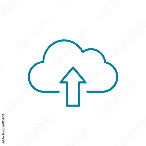 Cloud upload line icon. Cloud with up arrow sign. Online backup data idea. Cloud storage. Infrastructure as a service IaaS. Server hosting services. Blue outline. Vector illustration, flat, clip art.
