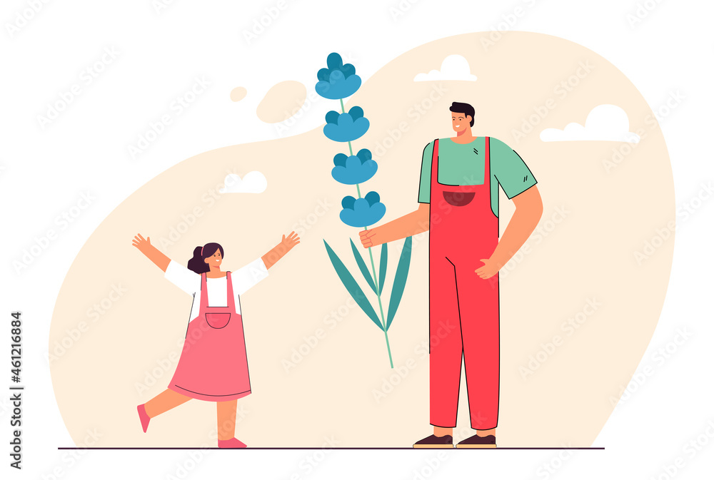 Smiling guy greeting girl giving flower. Happy man making surprise congratulating woman with bouquet on birthday or Valentines day. Love, relationships concept. Flat vector illustration.