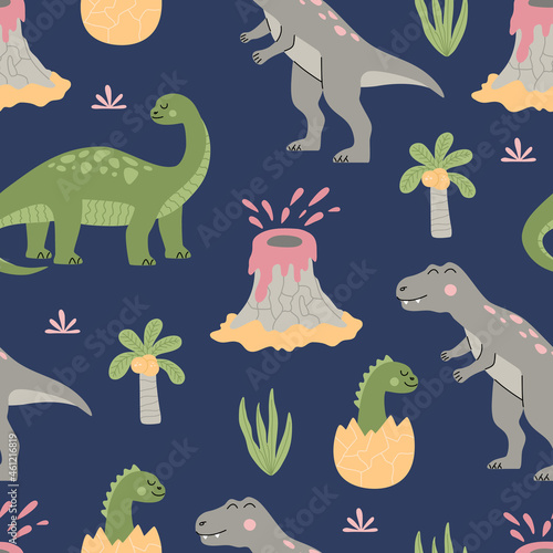 Cartoon cute dinosaurs Seamless pattern  tropical plants and volcano  jurassic period. Colourful animals and palmas on blue background. Hand drawn vector illustration in modern flat style.