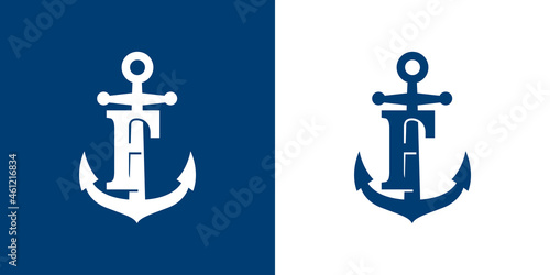 Logotipo con letra inicial F en silueta de ancla de barco en fondo azul y fondo blanco