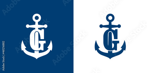 Logotipo con letra inicial G en silueta de ancla de barco en fondo azul y fondo blanco