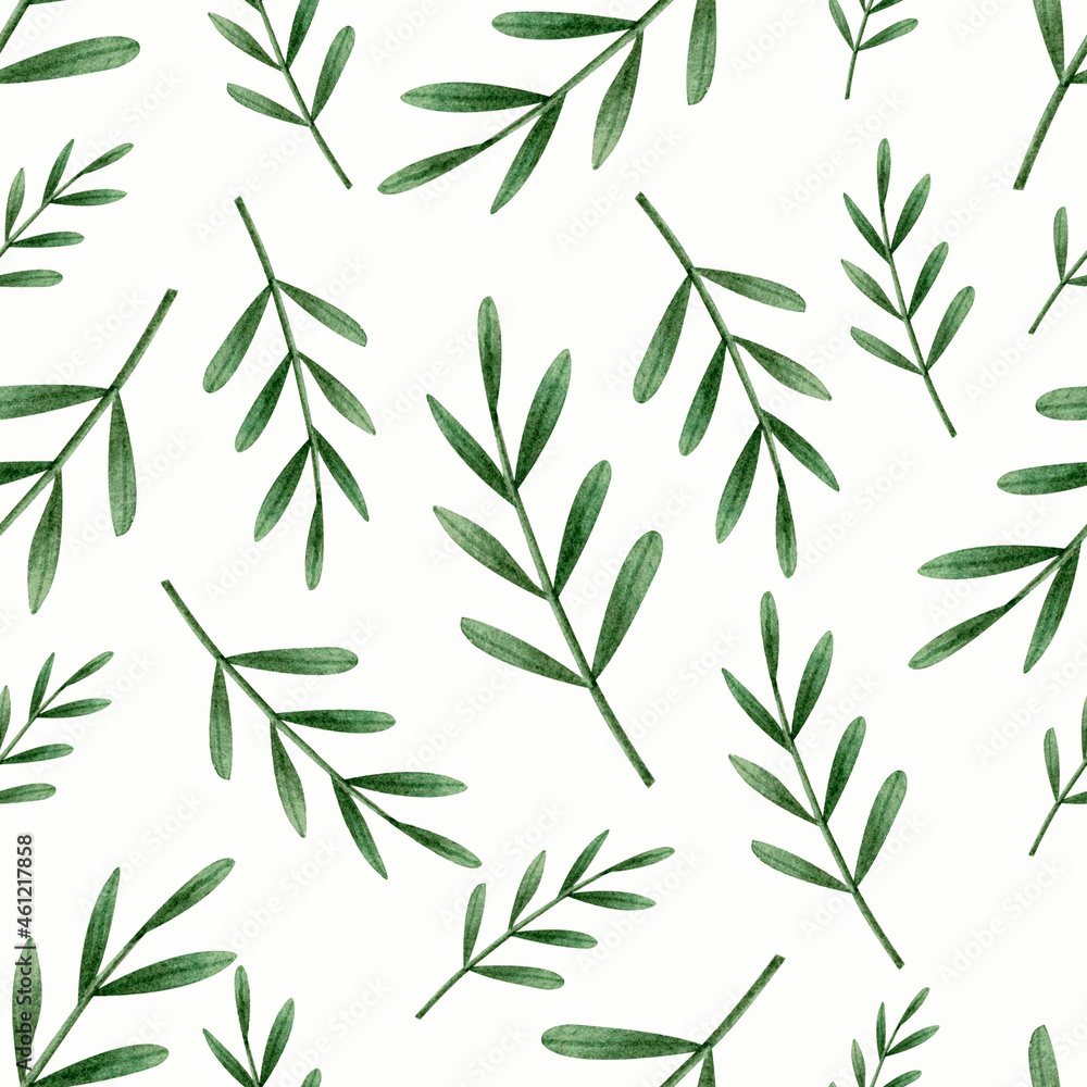 Seamless pattern with green leaves. Watercolor illustration. Nature. Plants. Printing on fabric. Packing paper. Beautiful. Cute. Design. Background. Flowers. Seamless pattern with green leaves. Watercolor illustration. Nature. Plants. Printing on fabric. Packing paper. Beautiful. Cute. Design. Background. Flowers.