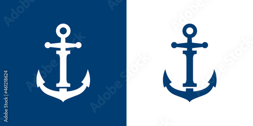 Logotipo con letra inicial I en silueta de ancla de barco en fondo azul y fondo blanco