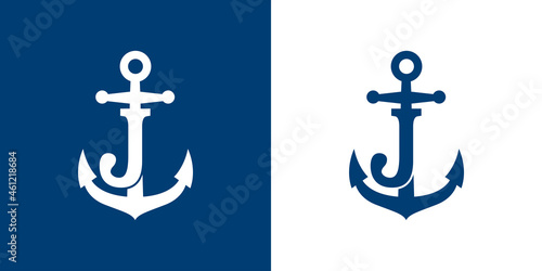Logotipo con letra inicial J en silueta de ancla de barco en fondo azul y fondo blanco