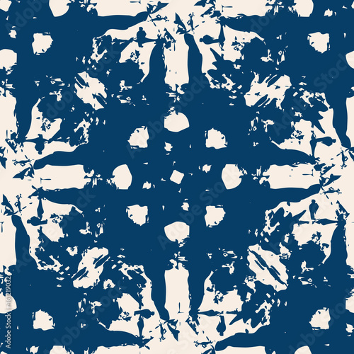Shibori style indigo tie dye vector seamless pattern. Modern abstract background in traditional japanese fabric style. Navy blue and off white monochrome repeat tile. 
