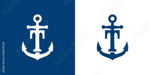 Logotipo con letra inicial T en silueta de ancla de barco en fondo azul y fondo blanco