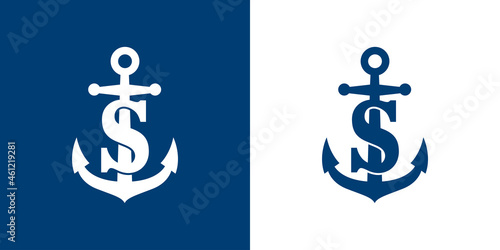Logotipo con letra inicial S en silueta de ancla de barco en fondo azul y fondo blanco