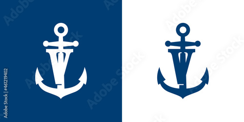 Logotipo con letra inicial V en silueta de ancla de barco en fondo azul y fondo blanco