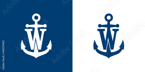 Logotipo con letra inicial W en silueta de ancla de barco en fondo azul y fondo blanco