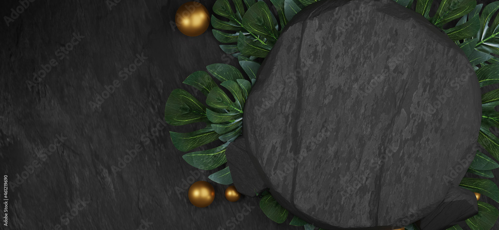 Fototapeta Natural black stone podium with tropical leaves. backdrop for product display, 3d rendering.