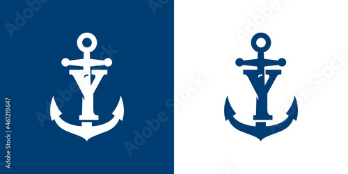 Logotipo con letra inicial Y en silueta de ancla de barco en fondo azul y fondo blanco