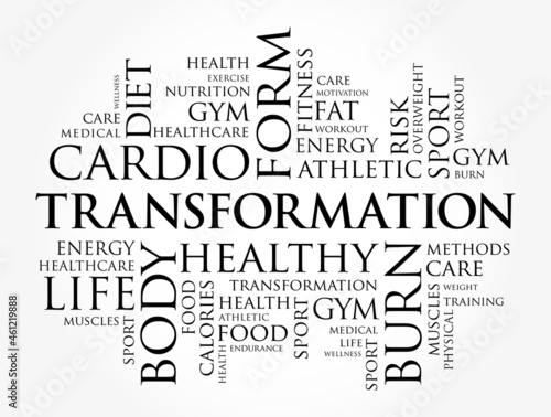 TRANSFORMATION word cloud, fitness, sport, health concept background