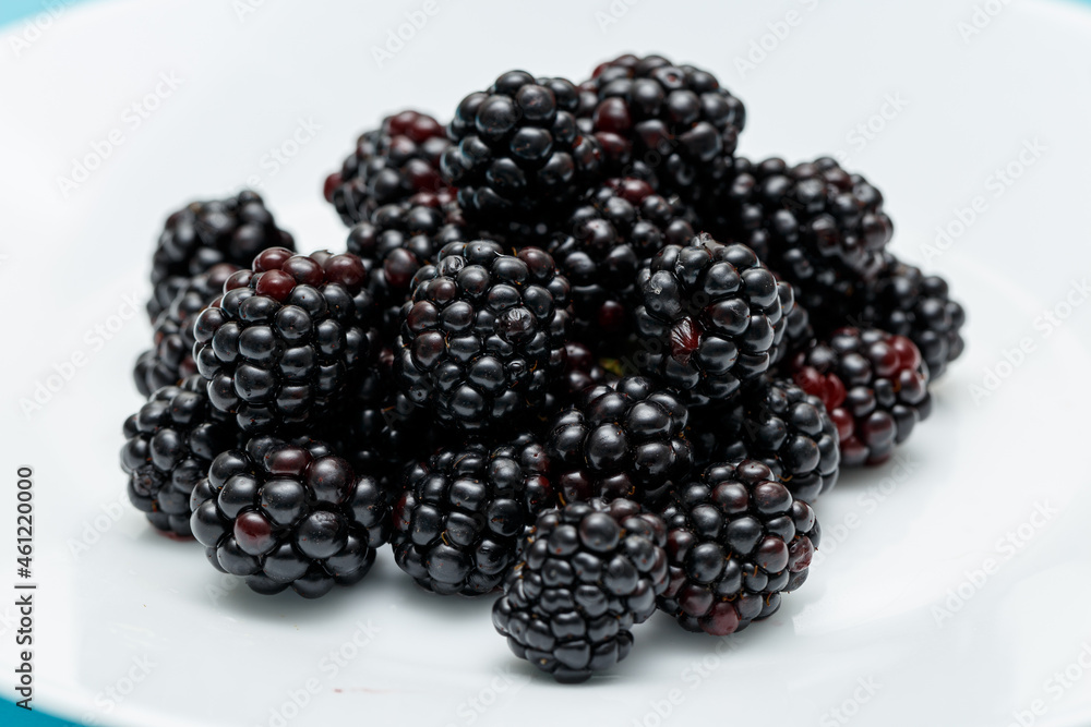 Ripe blackberries on a white plate. Useful forest fruits. Super food. Concept of healthy eating. top view. Close-up. Macro. Blackberry berries with water drops. Flat lay Ripe blackberries on a white plate. Useful forest fruits. Super food. Concept of healthy eating. top view. Close-up. Macro. Blackberry berries with water drops. Flat lay