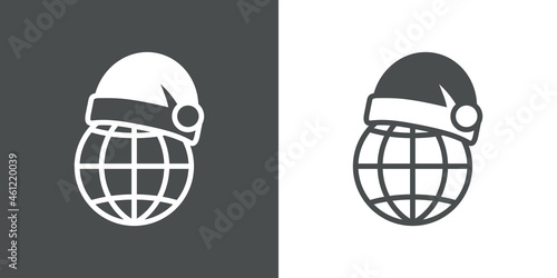 Logotipo con silueta de gorro de Papá Noel con globo terráqueo en fondo gris y fondo blanco