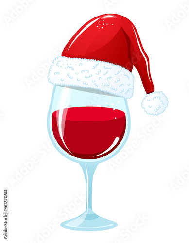 One glass of Wine in Santa hat - red wine with Santa hat. Merry Christmas decoration. Jingle Juice, Holiday cheers. Home decoration or t shirt design, ugly sweaters.