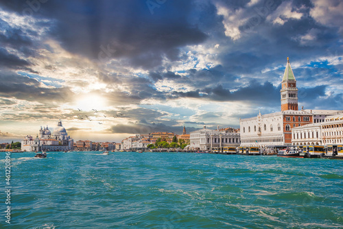 St Mark's Campanile tower in Venice, Italy. Beautiful tower at the St. Mark's Square at sunset.