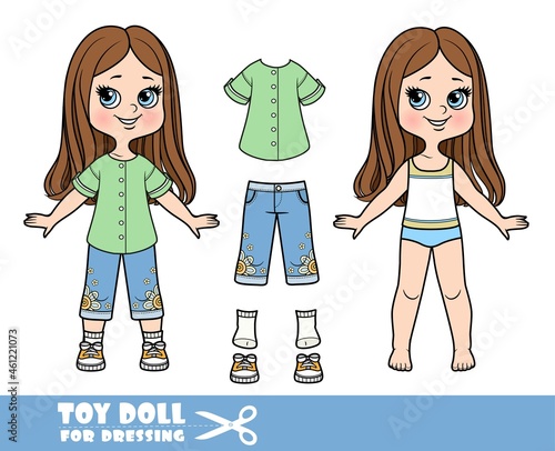 Cartoon girl with straight hair dressed and clothes separately - long tunic,embroidered denim breeches, sneakers doll for dressing