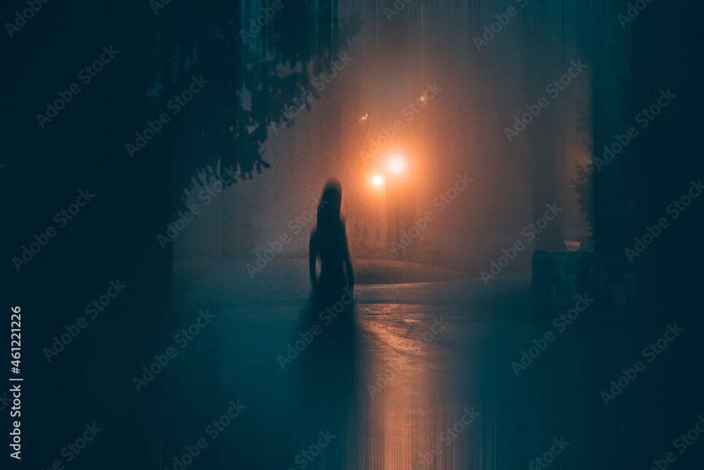 Horror halloween concept. strange silhouette in a dark spooky forest at night - obrazy, fototapety, plakaty 