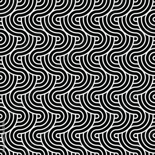 Abstract trendy waves with contour intertwined in black and white. Seamless modern pattern for stylish fabrics, decorative pillows, wrapping paper. Vector.