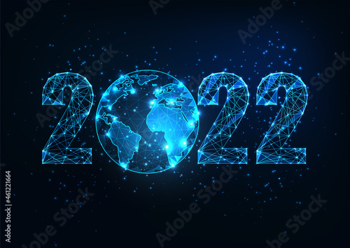 Futuristic New Year digital web banner template with glowing low polygonal 2022 number and planet earth globe