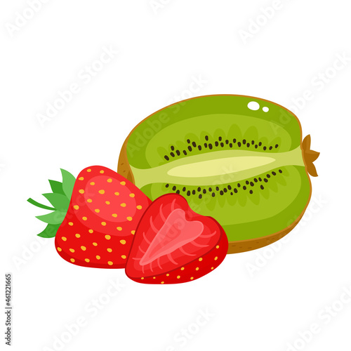 Cartoon bright natural strawberries and kiwifruit isolated on white.