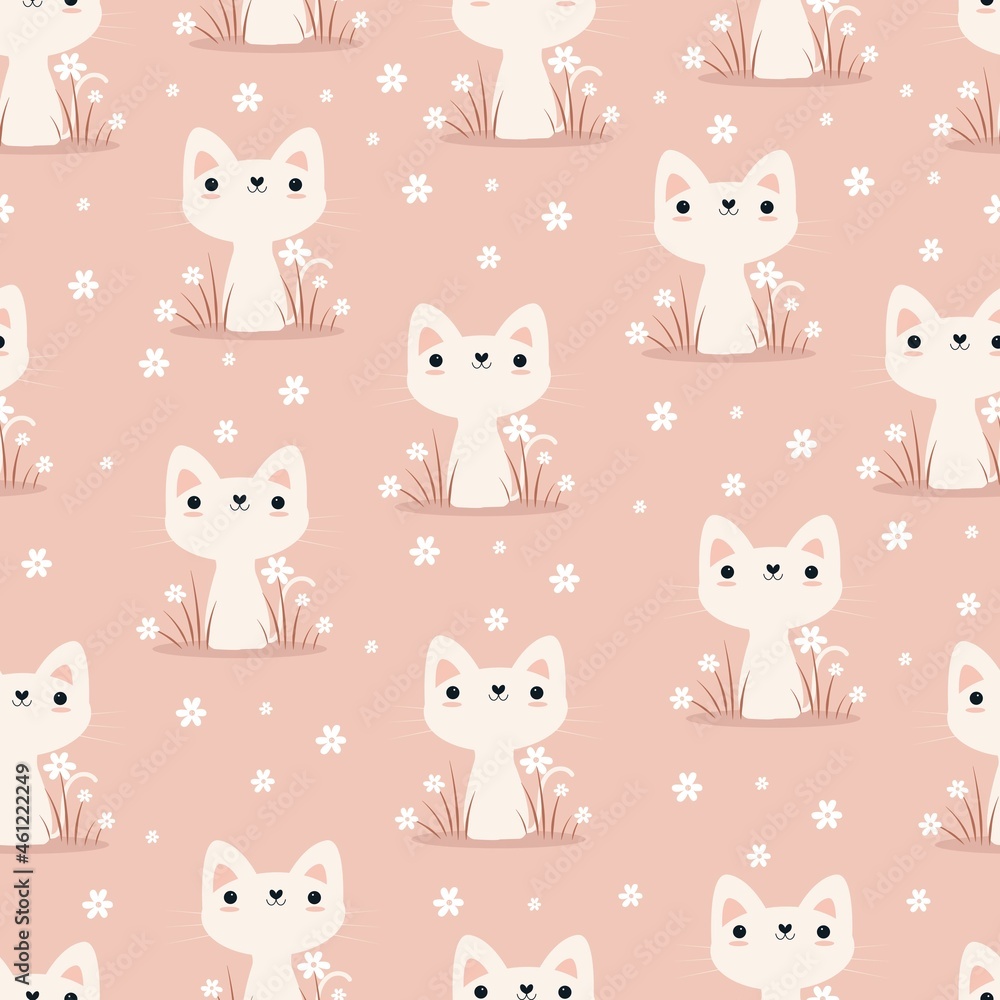 Seamless pattern with cute cat and flowers