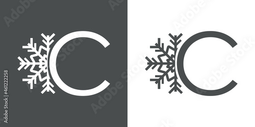 Logotipo letra C con silueta de copo de nieve en fondo gris y fondo blanco