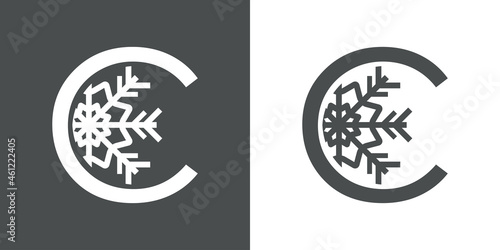 Logotipo letra C con silueta de copo de nieve en fondo gris y fondo blanco