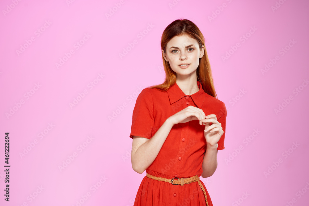 pretty woman red dresses fashion posing pink background pretty woman red dresses fashion posing pink background