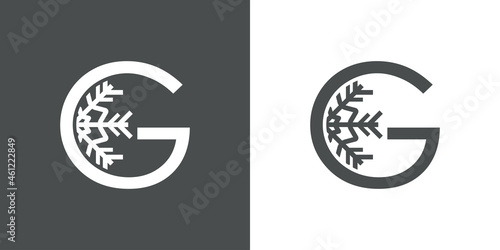 Logotipo letra G con silueta de copo de nieve en fondo gris y fondo blanco