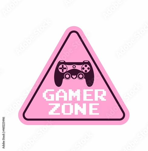 Gamer zone sign vector illustration with game controller icon and pixel text. Gamer girl zone pink design for banner, logo, sticker, print isolated on white background. Flat style vector illustration