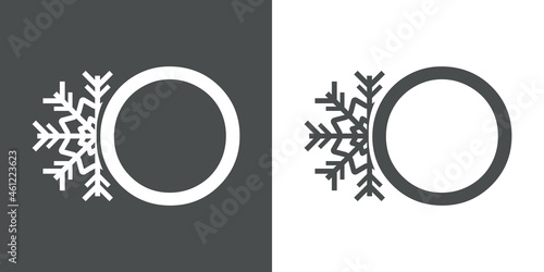 Logotipo letra O con silueta de copo de nieve en fondo gris y fondo blanco