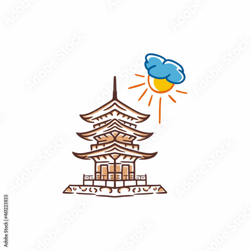 Vintage hand drawn Temple with cloud and sun Logo design vector Illustration