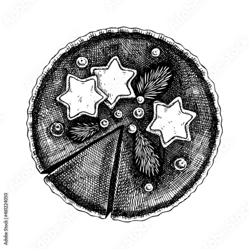 Chocolate cake vector sketch. Hand drawn baking cake with Christmas decoration elements. Baked dessert illustration. Traditional winter holiday decor with berries, cookies, fir twigs.