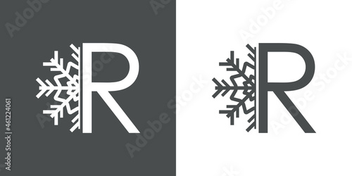 Logotipo letra R con silueta de copo de nieve en fondo gris y fondo blanco