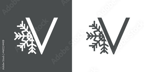 Logotipo letra V con silueta de copo de nieve en fondo gris y fondo blanco