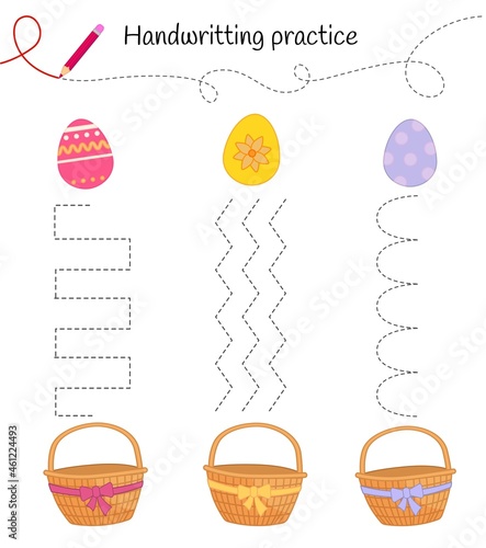 Handwriting practice sheet. Basic writing. Educational game for children. Place the Easter eggs in the baskets.
